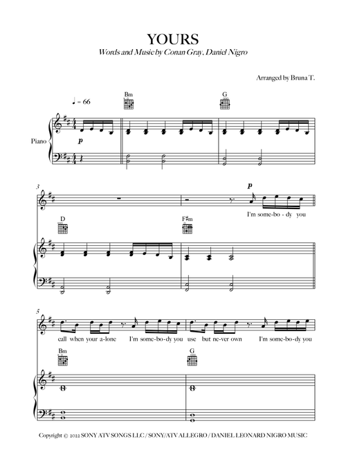 Yours (Arr. Bruna T.) - Conan Gray (Piano-Vocal-Guitar (Piano Accompaniment))
