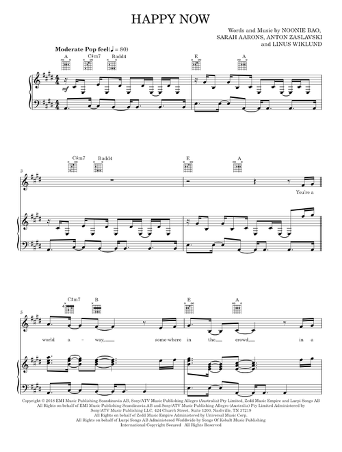 Happy Now - Elley Duhé, Zedd, Zedd & Elley Duhé (Piano-Vocal-Guitar)