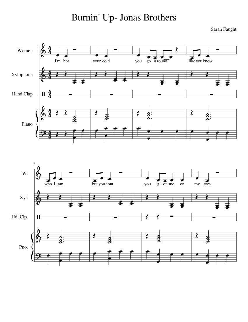 Burnin' Up Jonas Brothers Sheet music for Piano, Female, Xylophone