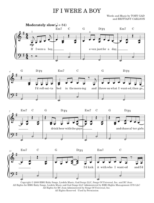 If I Were A Boy - Beyonce, Reba (Easy Piano)