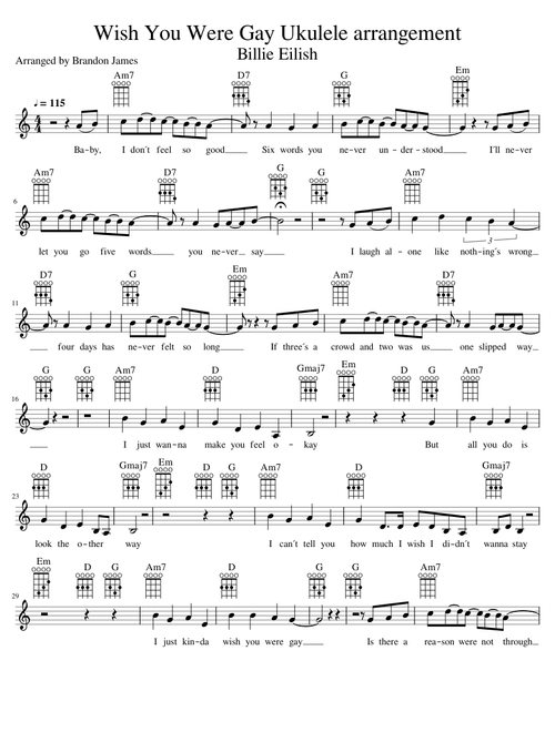 Wish You Were Gay Billie Eilish - Ukulele Arrangement (with chord diagrams)