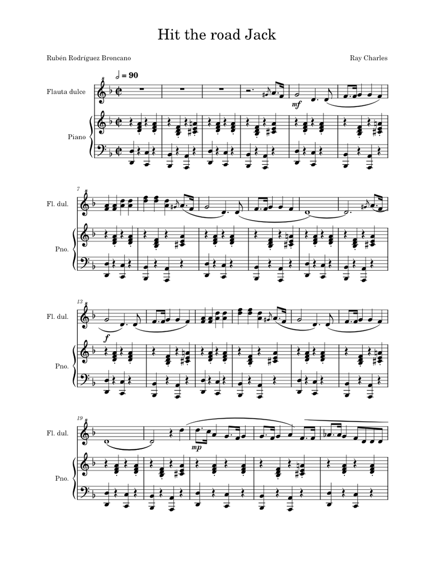 Hit The Road Jack – Ray Charles Sheet Music for Piano, Recorder