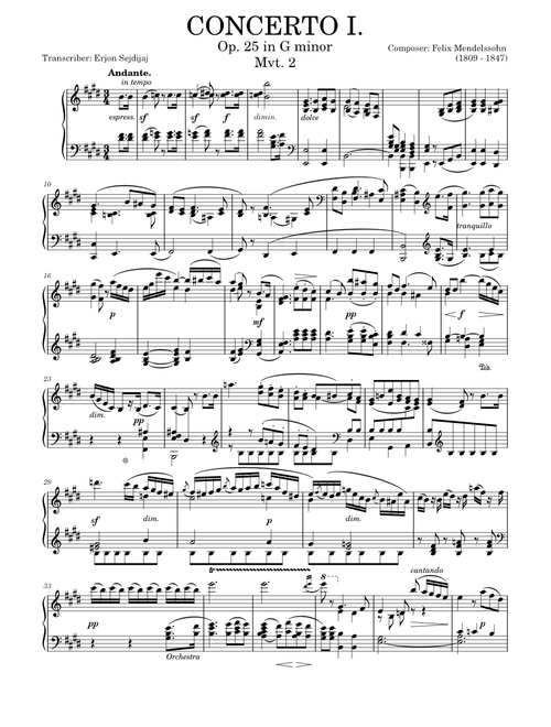 Piano concerto no 1 mvt. 2 - Felix Mendelssohn - Solo Piano arrangement