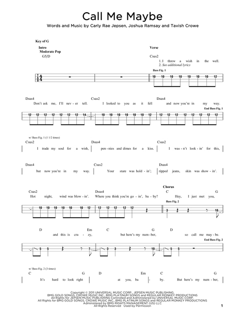 Call Me Maybe - Carly Rae Jepsen (Easy Bass Tab)