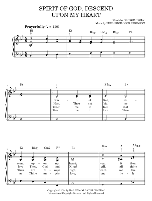 Spirit Of God, Descend Upon My Heart - George Croly (Easy Piano)