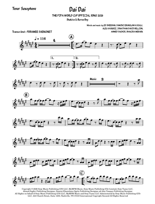 Dai Dai (Arr. Poramee Saengnet) - Shakira & Burna Boy (Tenor Sax Solo)