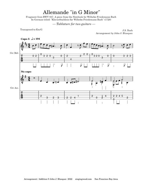 Allemande in G minor, BWV 837 – Johann Sebastian Bach Allemande Fragment from BWV 837 (in Em) -  Ukulele part Transposed for Guitar Capo 5 Method No. 1