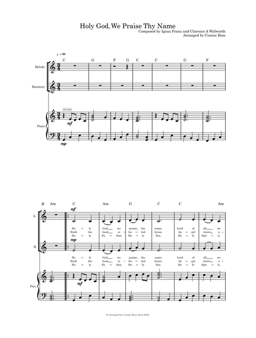 Holy God We Praise Thy Name duet and piano (Arr. Connie Boss) - Ignaz Franz and Clarence A Walworth (Small Ensemble)