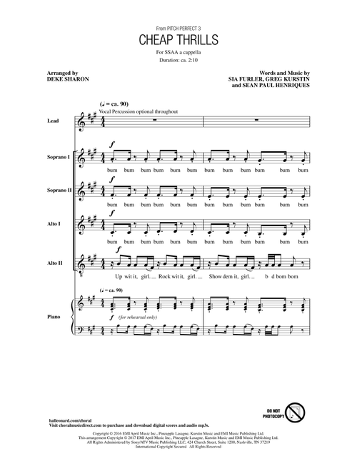 Cheap Thrills (from Pitch Perfect 3) (arr. Deke Sharon) - Sia (Choral, SSAA)