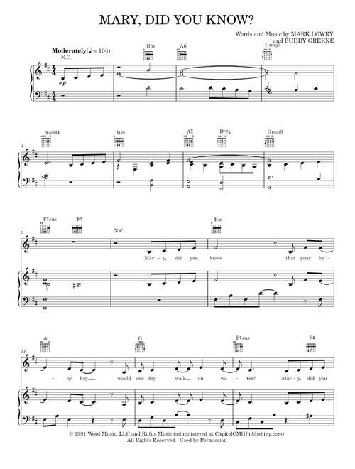 Mary, Did You Know? - Kathy Mattea, Pentatonix (Piano-Vocal-Guitar)