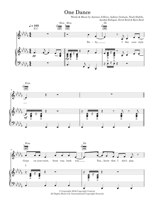 One Dance (featuring Wizkid and Kyla) - Drake, Kyla, Wizkid (Piano-Vocal-Guitar (Piano Accompaniment))