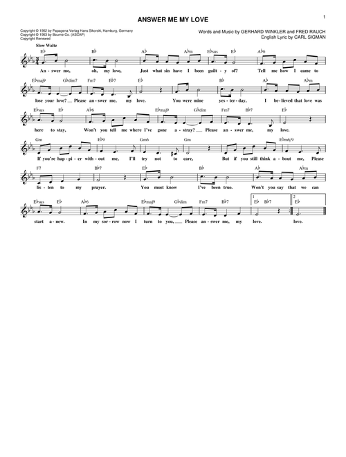 Answer Me My Love - Gerhard Winkler, Carl Sigman(English Lyric), Fred Rauch (Lead Sheet - Fake Book)