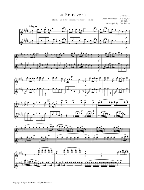 Spring (from The Four Seasons Concerto No. 1 in E major, RV 269) / Antonio Vivaldi (Arr. Kan Saito / Japan Duo Notes) (Flute Duet)