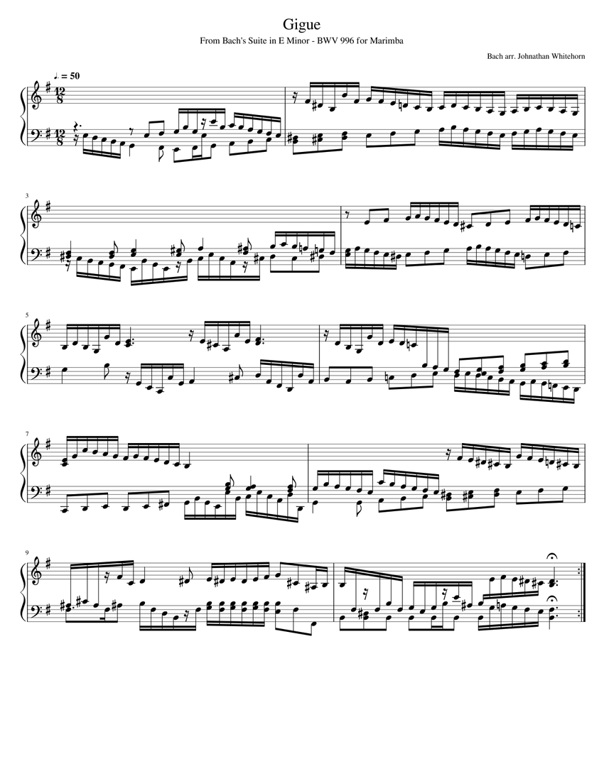 Gigue Bach s Suite in E Minor for Marimba BWV 996 Sheet music for Marimba Solo Musescore