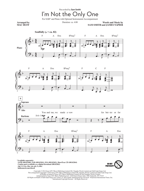 I'm Not The Only One (Arr. Mac Huff) - Sam Smith (Choral, SAB)