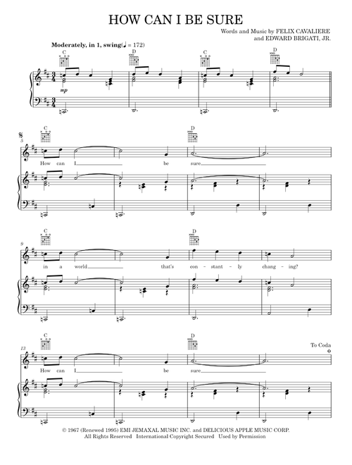 How can i be sure - The Young Rascals (Piano-Vocal-Guitar)