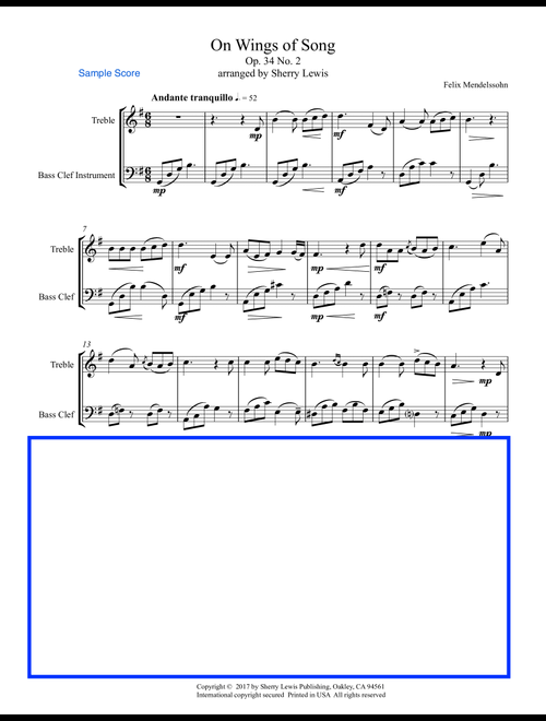 ON WINGS OF SONG for Duo, Intermediate Level for String Duo, Woodwind Duo, any combination of a treb (Arr. Sherry Lewis) - Felix Mendelssohn (Instrumental Duet)