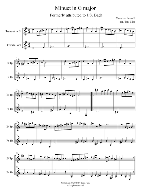Minuet in G major, BWV Anh.114 (Petzold, Christian) for Trumpet in Bb & French Horn (Arr. Toni Nita) - Christian Petzold (Instrumental Duet)
