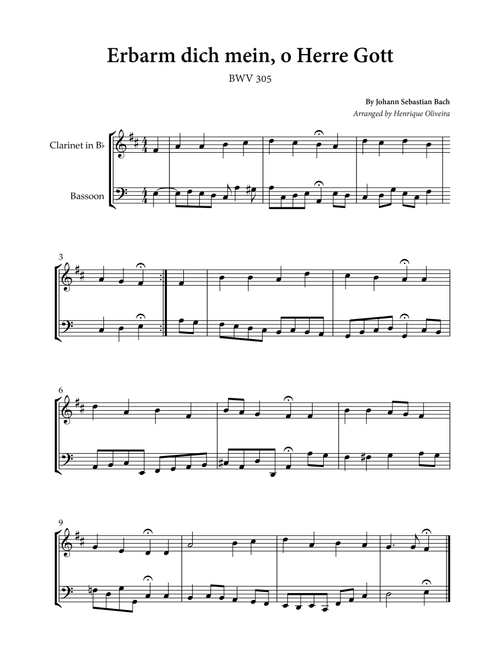 Erbarm dich mein, o Herre Gott (Clarinet and Bassoon) - Johann Sebastian Bach (Arr. Henrique Oliveira) (Instrumental Duet)