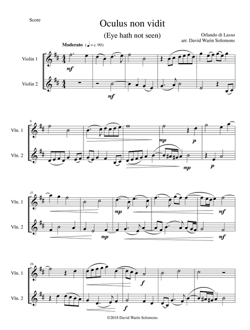 Oculus non vidit (Eye hath not seen) arranged for 2 violins (Arr. David Warin Solomons) - Orlando di Lasso (Violin Solo)