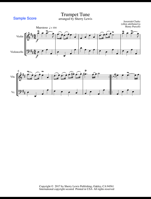 TRUMPET TUNE, Jeremiah Clarke (sometimes attributed to H.Purcell), String Duo, Intermediate Level fo (Arr. Sherry Lewis) - Henry Purcell (Instrumental Duet)