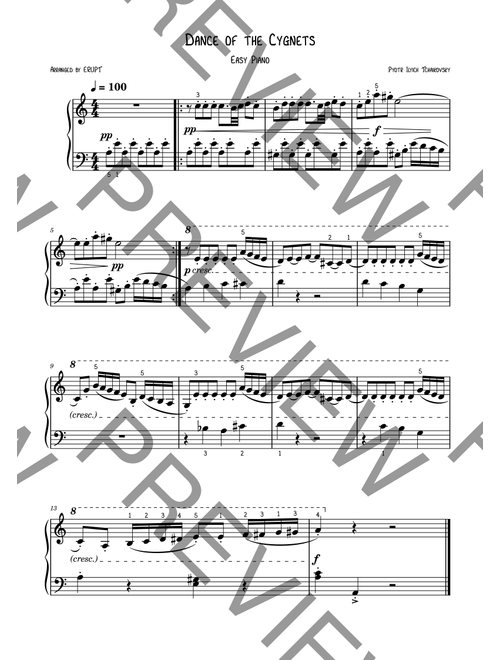 Dance of the Cygnets - Easy Piano PDF - Swan Lake (Arr. Erupt) - ERUPT PIANO COVERS (Piano Solo)