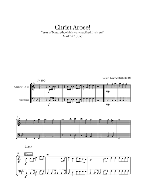 Robert Lowry - Christ Arose for Clarinet and Trombone (Arr. Cadenza Editions) (Instrumental Duet)