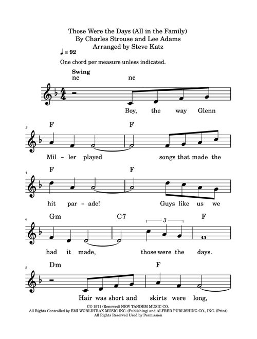 Those Were The Days (Arr. Steve Katz) - Lee Adams, Charles Strouse (Lead Sheet - Fake Book)