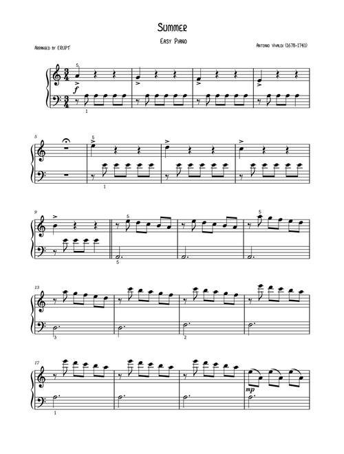 Vivaldi Summer – 3rd Movement Easy Piano Sheet Music (A Minor, PDF) (Arr. Erupt) - Antonio Vivaldi (Piano Solo)