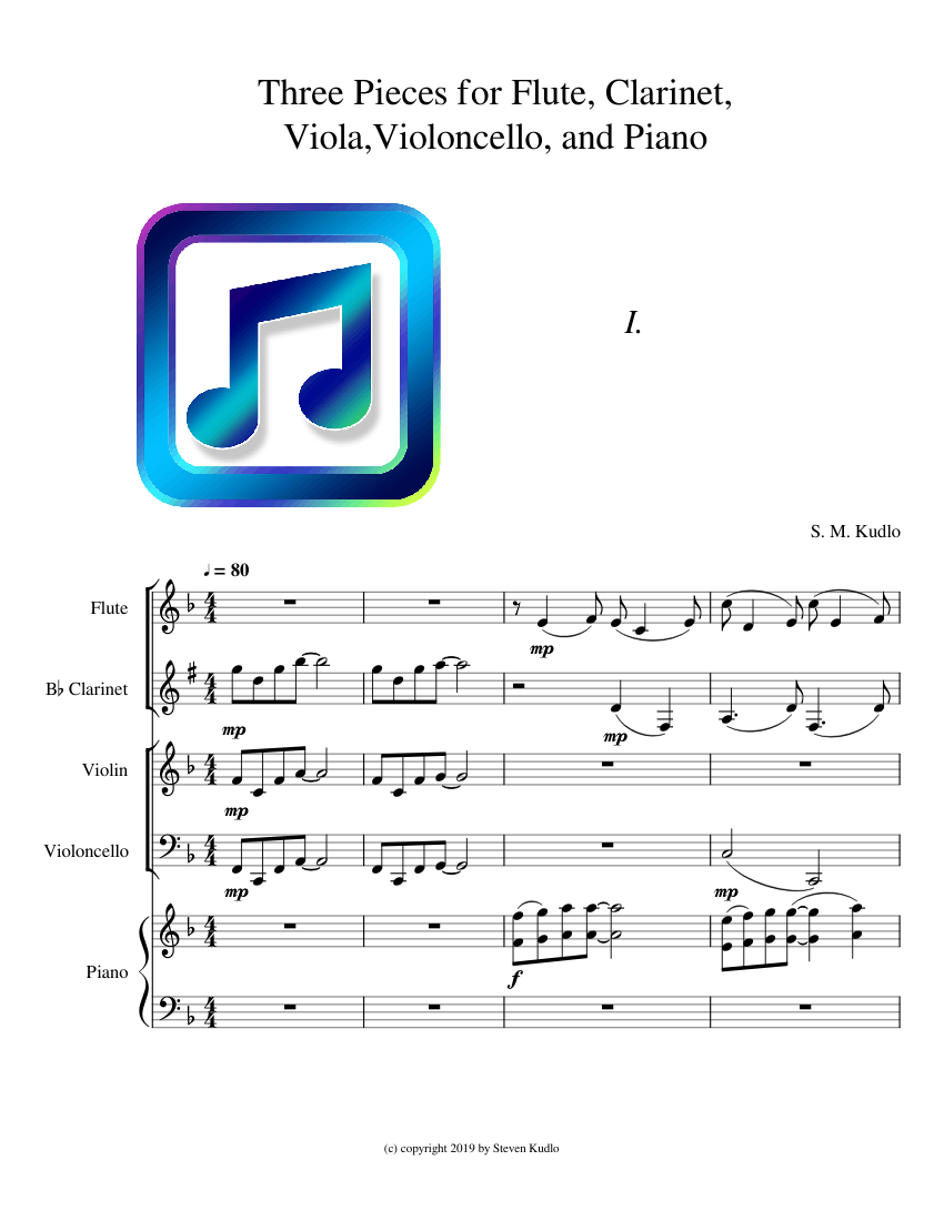 Three Pieces for Flute, Clarinet, Violin, Violoncello, and Piano Sheet ...