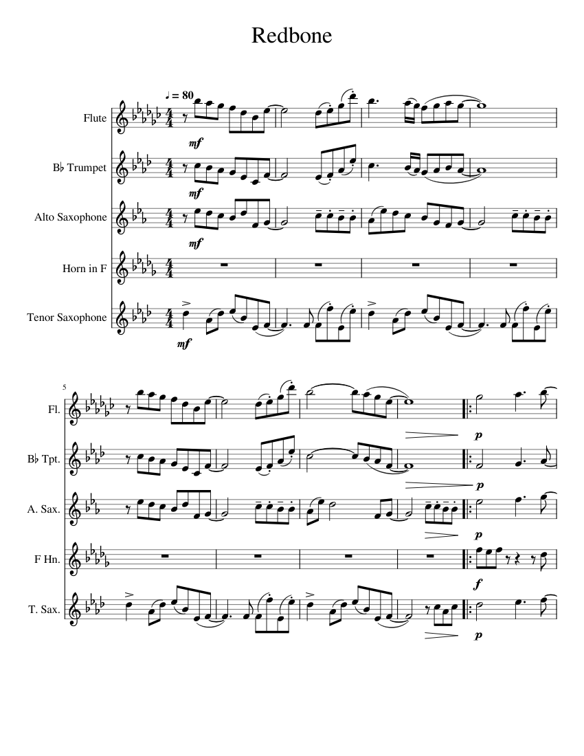 Redbone Sheet music for Flute, Saxophone alto, Saxophone tenor, Trumpet