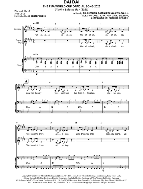 Dai Dai (Arr. Christoph Ohm) - Shakira & Burna Boy (Piano Vocal)