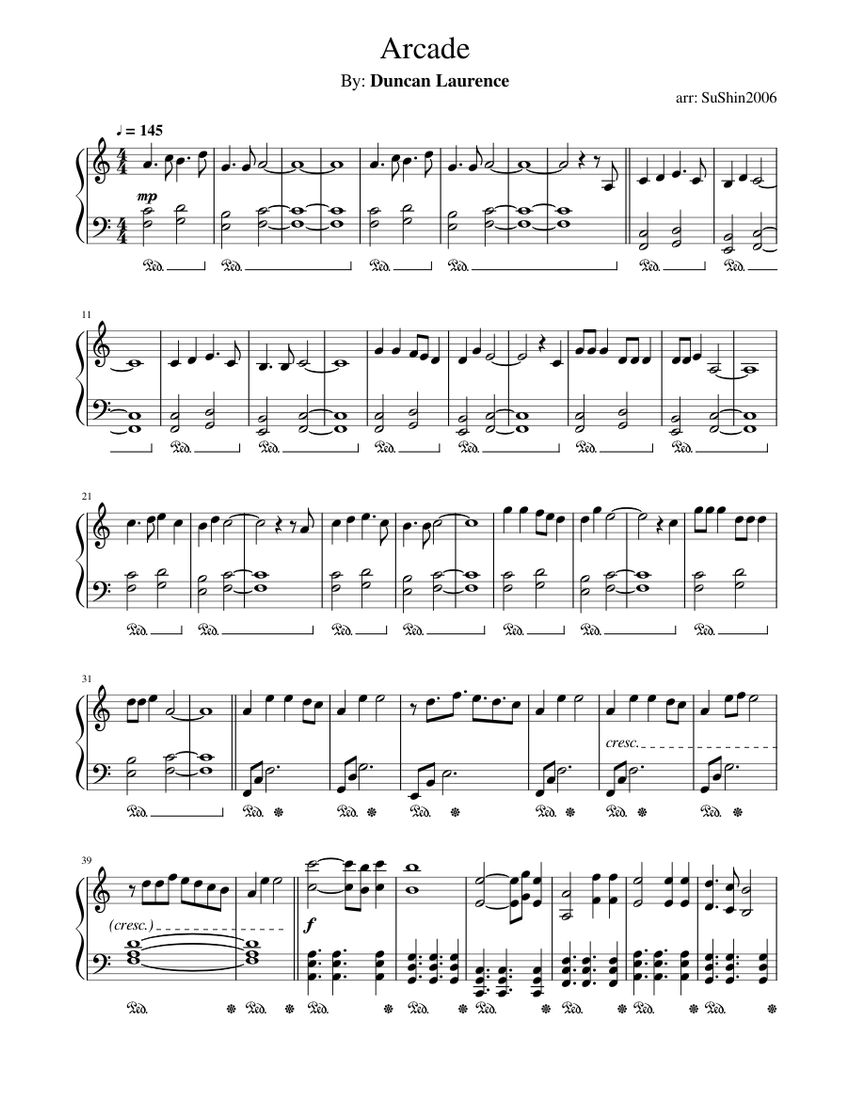 Arcade - Duncan Laurence Sheet Music for Piano (Solo