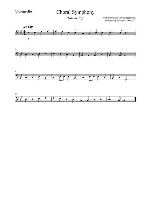 Choral Symphony Ode To Joy (Arr. Zachary Corbett) - Ludwig van Beethoven (Cello Solo)