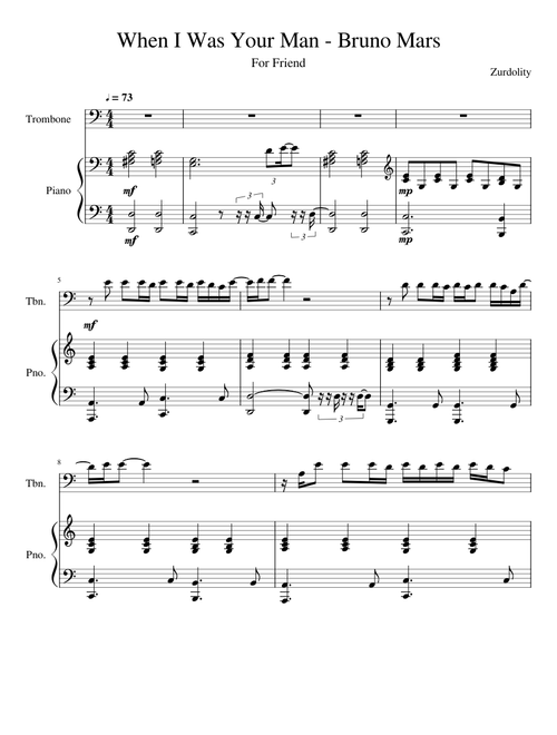 When I Was Your Man - Bruno Mars (Trombone Solo with Piano Accompaniment)