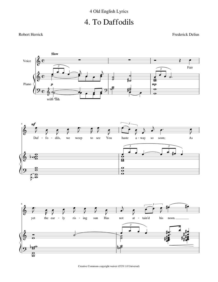 Delius Frederick 4 Old English Lyrics No.4 To Daffodils Sheet music