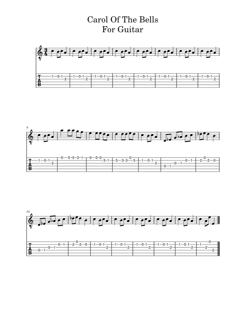 Carol Of The Bells For Guitar (Beginner) Sheet Music and Tab for Guitar ...