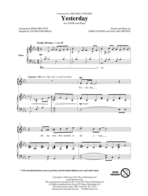 Yesterday (arr. Jacob Narverud) - The King's Singers, The Beatles (Choral, SATB)