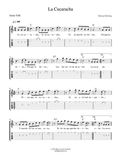 La Cucaracha (GUITAR TAB) [Mexican Folk Song] (Arr. Darek) (Easy Guitar with TAB)