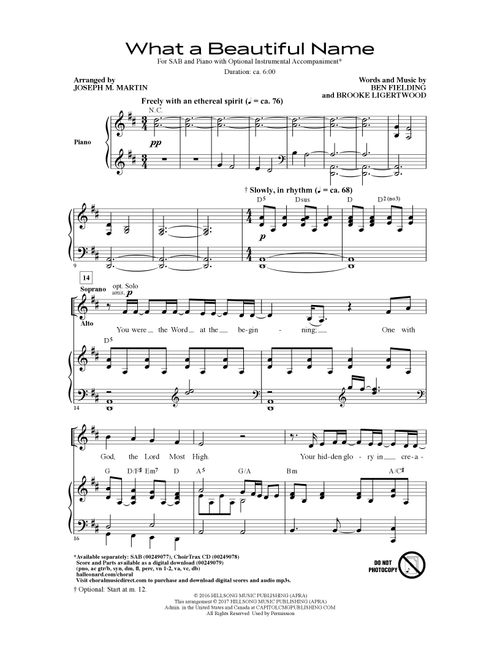 What A Beautiful Name (arr. Joseph M. Martin) - Hillsong Worship, Brooke Ligertwood (Choral, SAB)