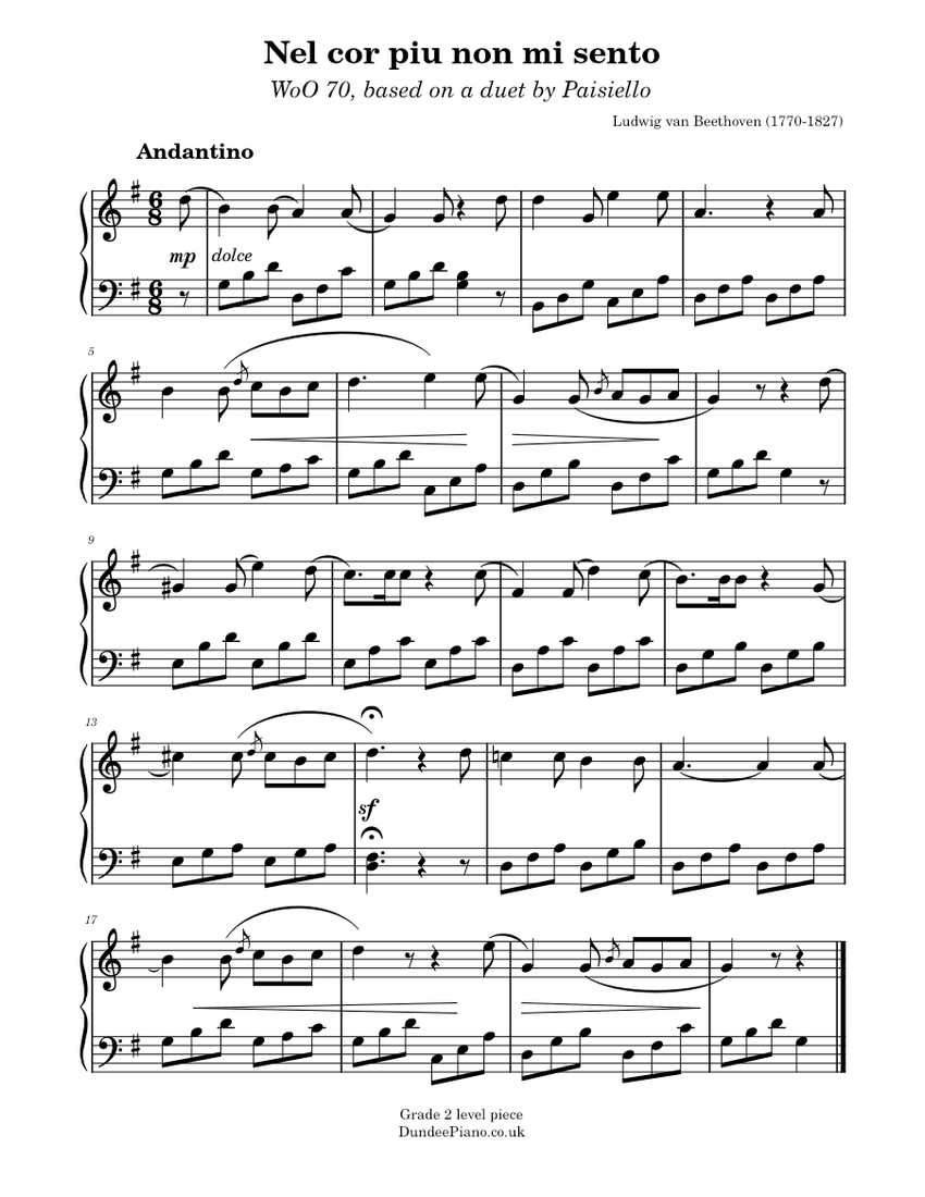 Nel cor piu non mi sento Beethoven Sheet music for Piano (Solo