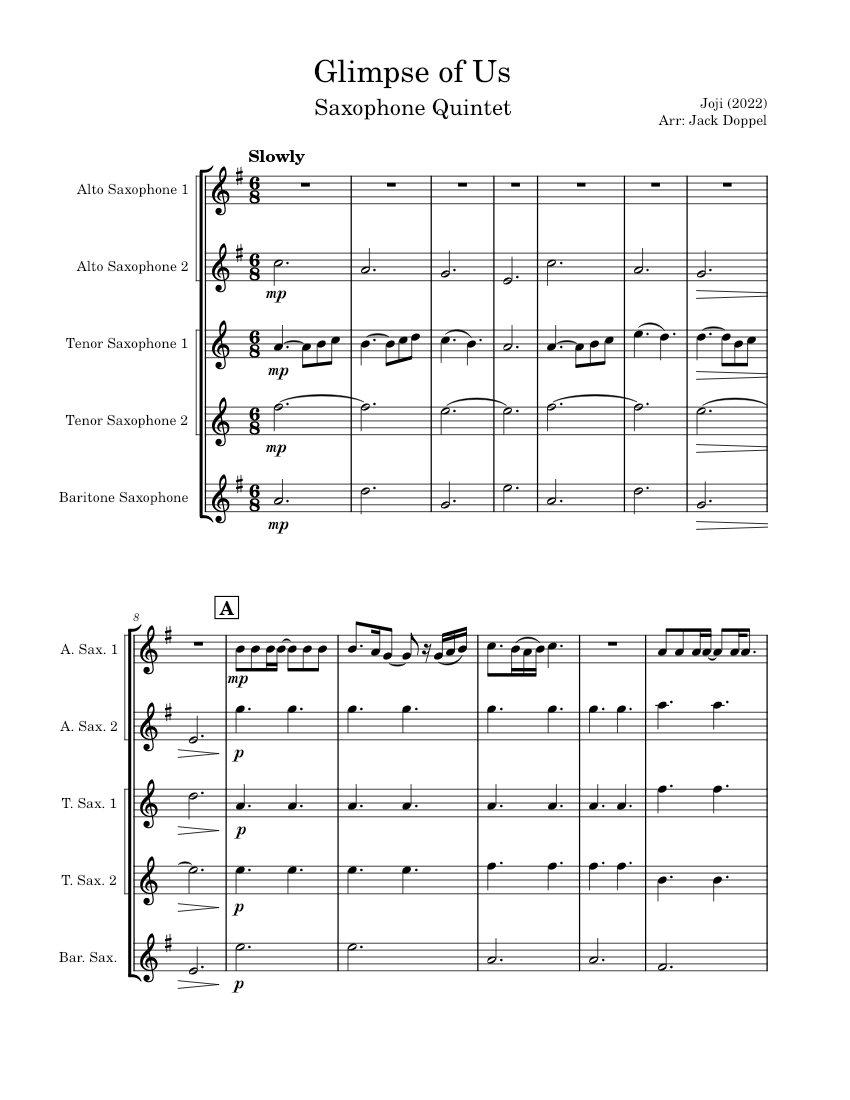 Glimpse of Us Sheet music for Saxophone alto, Saxophone tenor