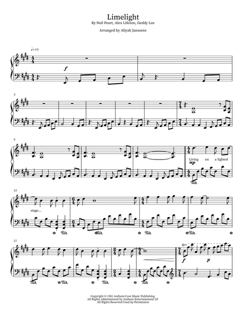 Limelight (Arr. Aliyah Janssens) - Rush (Piano Solo)