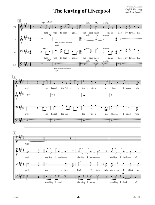 Leaving Of Liverpool (Arr. Jetse Bremer) - Dubliners (Choral, TTBB)