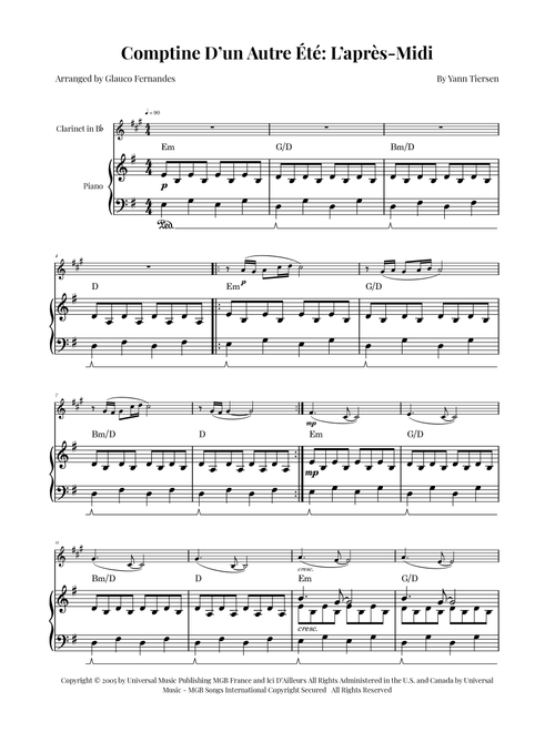 Comptine D'un Autre Été: L'après-Midi (Arr. Glauco Fernandes) - Yann Tiersen (Clarinet and Piano)