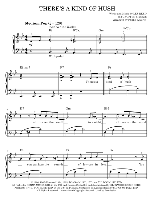 There's A Kind Of Hush (All Over The World) - Carpenters, Herman's Hermits (Easy Piano)