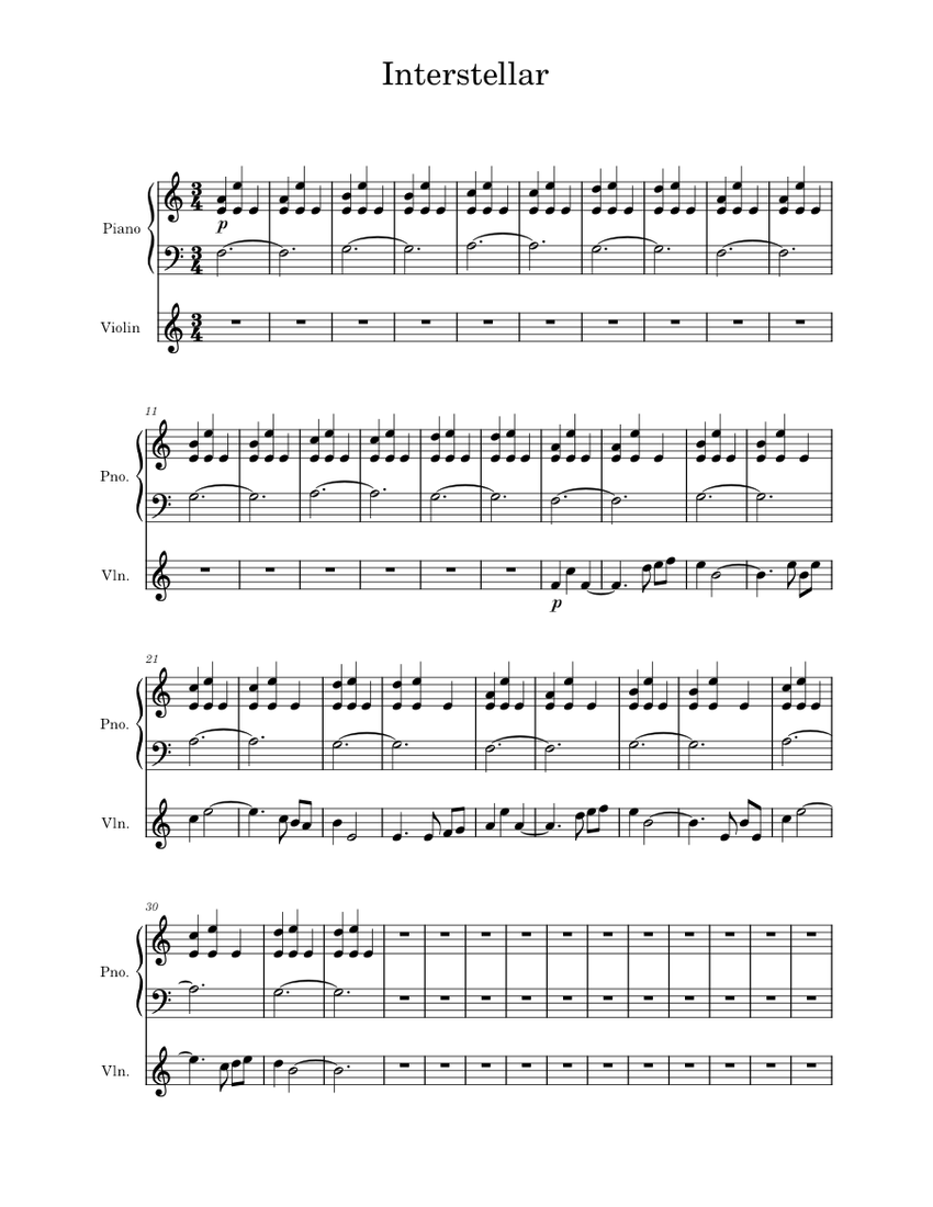 Interstellar Sheet Music for Piano, Violin (Solo)