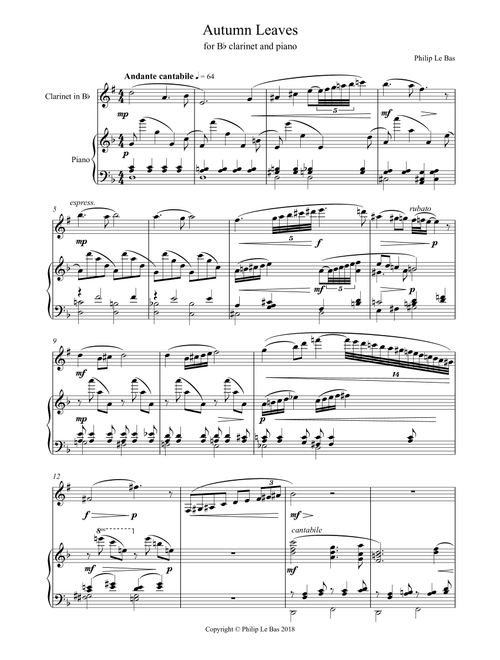 Autumn Leaves (for B flat clarinet and piano) - Philip Le Bas (Clarinet and Piano)