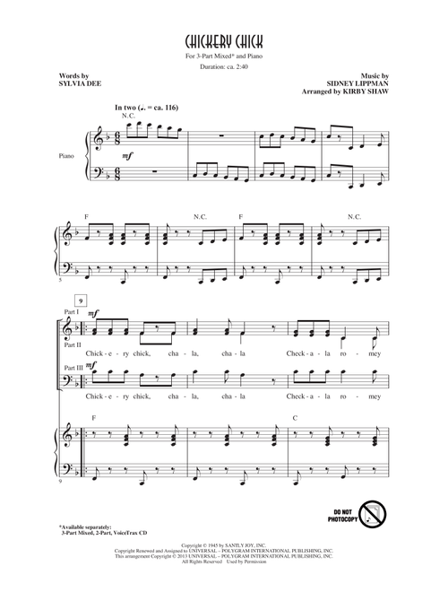 Chickery Chick (Arr. Kirby Shaw) - Sylvia Dee, Sidney Lippman (Choral, 3-Part Mixed)