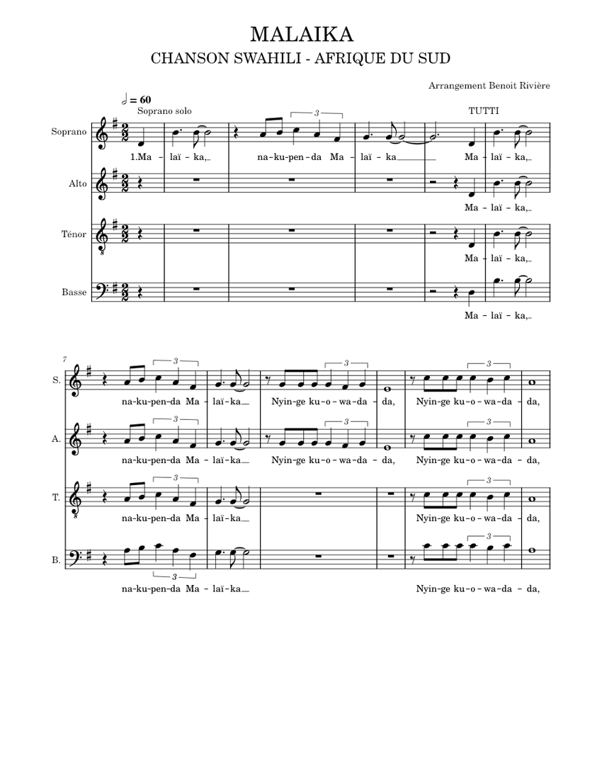 Malaika Misc Traditional Swahili Sheet music for Soprano, Alto, Tenor
